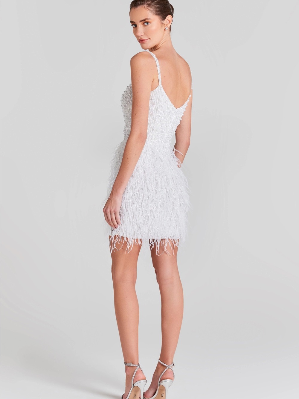 Nadine Merabi Carrie White Beaded Feather Mini Dress - Picture 3 of 5